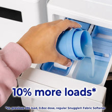 Blue liquid fabric softener jug pouring stream into washing machine