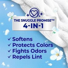 Blue liquid fabric softener bottle with white 4-in-1 promise label