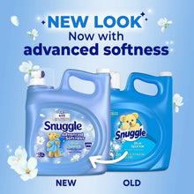 Two blue liquid fabric softener jugs with white caps, Advanced Softness labels