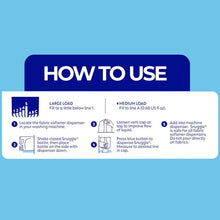 Blue liquid fabric softener bottle with white label showing how to use steps