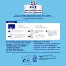 Blue liquid fabric softener container with back label showing usage instructions