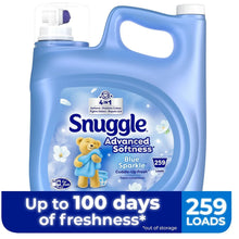 Blue liquid fabric softener bottle with white cap and front label, 259 loads