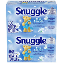 Blue Sparkle dryer sheet box, 320-count, with teddy bear graphic.