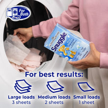 Person holding Blue Sparkle Snuggle dryer sheets box, with laundry icons.