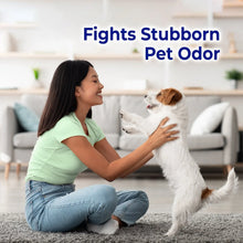 Woman with dog on rug with overlay text: fights stubborn pet odor