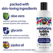 Kids bubble bath bottle with ingredient callouts and black pump cap, 20 fl oz