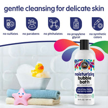 Kids bubble bath bottle with apple citrus label, black pump cap, 20 fl oz