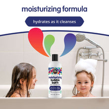 Kids bubble bath bottle with colorful label and black pump cap, 20 fl oz