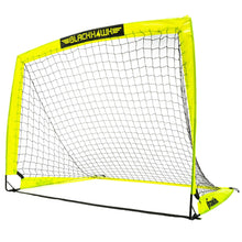 Yellow pop-up soccer goal with white net and black base, full frame visible
