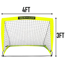 Yellow soccer goal with white net, showing 4 ft width and 3 ft height markers
