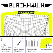 Yellow soccer goal with white net, close view of goal top and Blackhawk logo strip
