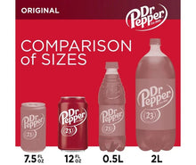 Dr. Pepper soda sizes comparison graphic with 12 fl oz can and other sizes