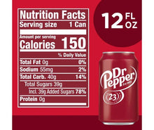 Dr. Pepper soda nutrition facts label for 12 fl oz can, showing 150 calories