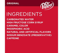 Dr. Pepper soda ingredients label with list including carbonated water and phosphoric acid