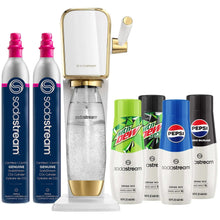 Sparkling water maker bundle with CO2 cylinder, syrup bottles, and Pepsi drink mix cans