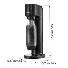 Sparkling water maker with height and width measurement labels (16.9 in, 8.7 in)