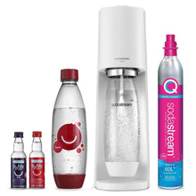 SodaStream Terra sparkling water maker starter kit with white base, water bottles, and cherry bottle