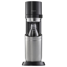 Sparkling water maker with black dispenser head and stainless steel carafe