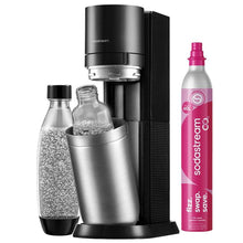 Sparkling water maker with stainless steel carafe, black dispenser and glass bottle