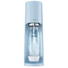 Light blue SodaStream Terra CQC countertop soda maker with dispensing nozzle