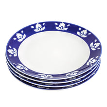 Indigo blue round dinner plates with white floral rim pattern, set of four