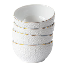 White stoneware bowls, embossed swirl texture, gold rim, set of 4