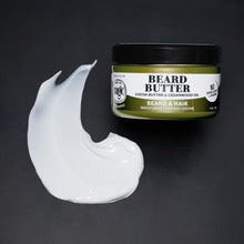 Beard butter balm jar with white creamy dollop of balm beside the jar