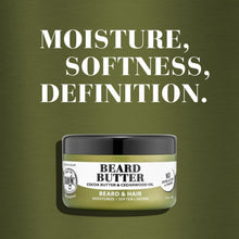 Beard butter balm jar with black lid and green label, compact front view