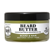 Beard butter balm jar with black lid and green label, cocoa butter & cedarwood oil