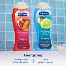 Two Softsoap body wash bottles: pomegranate & mango spritz and citrus & berry splash