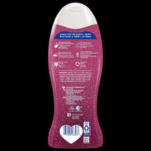 Exfoliating body wash bottle, purple speckled back label with product details