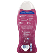 Exfoliating body wash bottle, purple speckled back label with product info