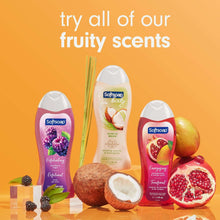 Lineup of fruit-scent body wash bottles with berry and citrus images