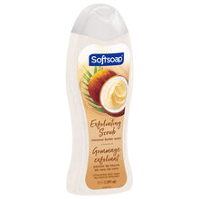 Softsoap exfoliating body wash gel bottle, coconut butter scrub, 20 oz label