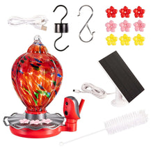 Solar hummingbird feeder kit with glass bulb, bird base, solar panel, hooks, and flowers