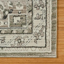 Sage and cream runner rug border close-up with geometric squares