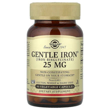 Solgar Gentle Iron dietary supplement bottle with beige cap, front label showing 25 mg
