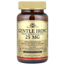 Solgar Gentle Iron bottle with beige cap, label showing 25 mg and 180 vegetable capsules