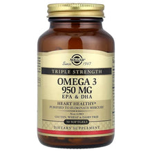 Solgar Omega-3 950 mg softgels bottle with gold cap, front label