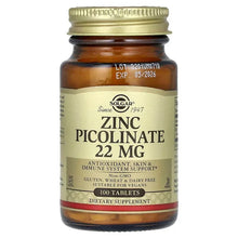 Solgar Zinc Picolinate 22 mg supplement bottle, amber glass with gold cap, front label