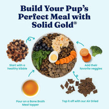 Dog meal bowl with kibble and toppings plus pour-over bone broth topper concept