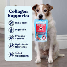 Dog next to label panel for collagen support with a Solid Gold bone broth topper pouch
