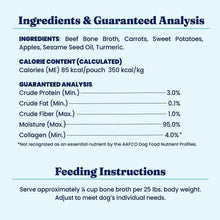 Dog food topper label showing ingredients and guaranteed analysis for bone broth with turmeric