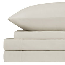 Microfiber sheet set stack with solid light beige fabric and seam lines