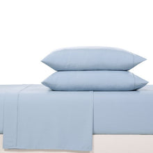Light blue microfiber sheet set with flat sheet and two pillowcases stacked