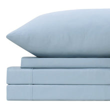 Light blue microfiber sheet set with folded fitted sheet and pillowcases