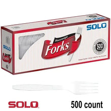 Solo heavyweight forks white, 500-count package with stacked utensils