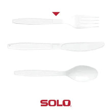 Set of white plastic forks shown in three angles