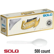 White heavyweight plastic spoon, shown with 500-count retail box