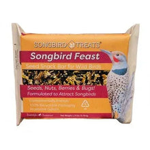 Bird seed snack bar pouch, Songbird Feast label, orange bag with blue bird graphic